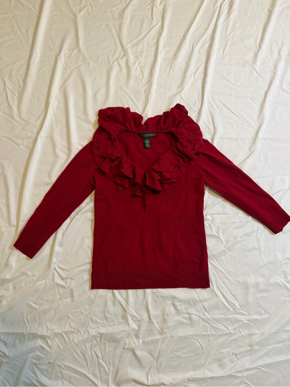 Ralph Lauren Red Ruffled V-Neck Sweater